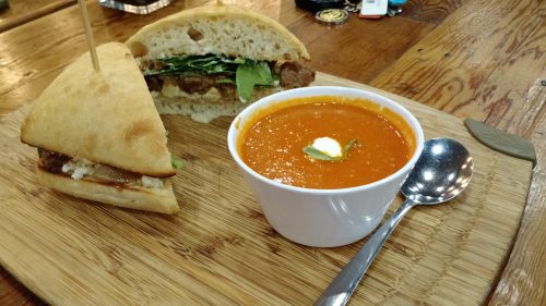 Steak Sandwitch with tomato soup - Carving Board