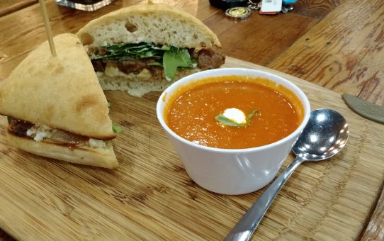 Steak Sandwitch with tomato soup - Carving Board